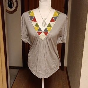 STYLE ME GRAY MULTI COLORED BEADED V- NECK TOP